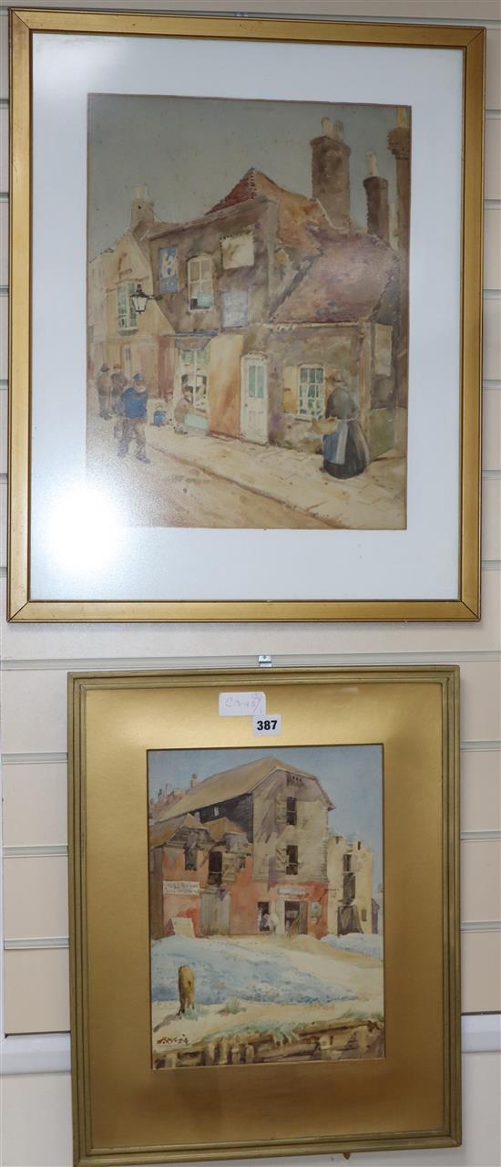 J.L. Walker, five watercolours, Warehouse, Rye; A Corner, St Ives and three similar scenes, largest 46 x 35cm